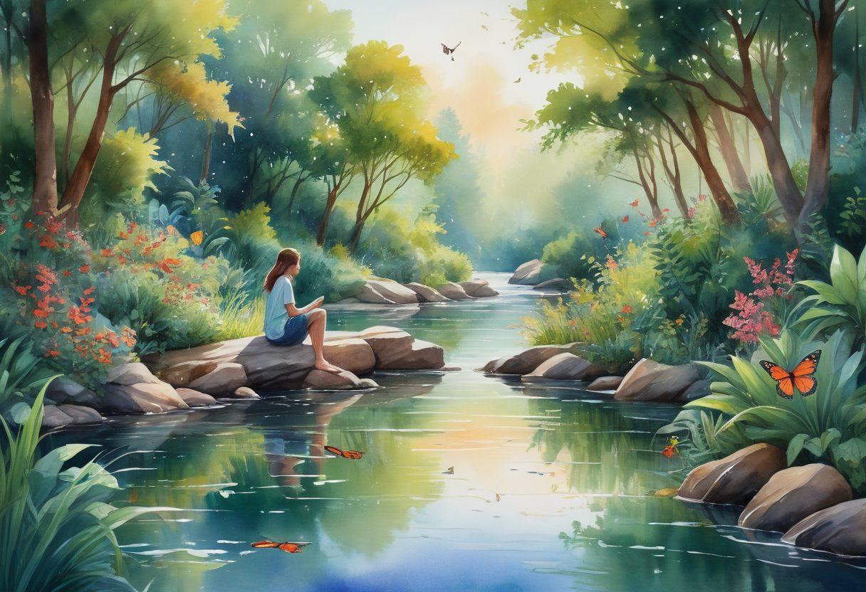 A serene landscape featuring diverse individuals from different backgrounds engaging in empathetic conversations and supportive gestures, surrounded by nature. Elements of mental wellness such as calming greenery, gentle water streams, and uplifting visual metaphors like butterflies symbolizing transformation. Soft, warm lighting enhances the feeling of hope and connection. watercolor painting. vibrant colors.